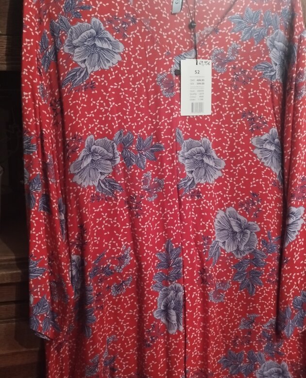 Blouse Ciso, tissus fluide rouge imprimé fleurs et feuillage bleu et blanc, manches longues, col V, T.52, neuf